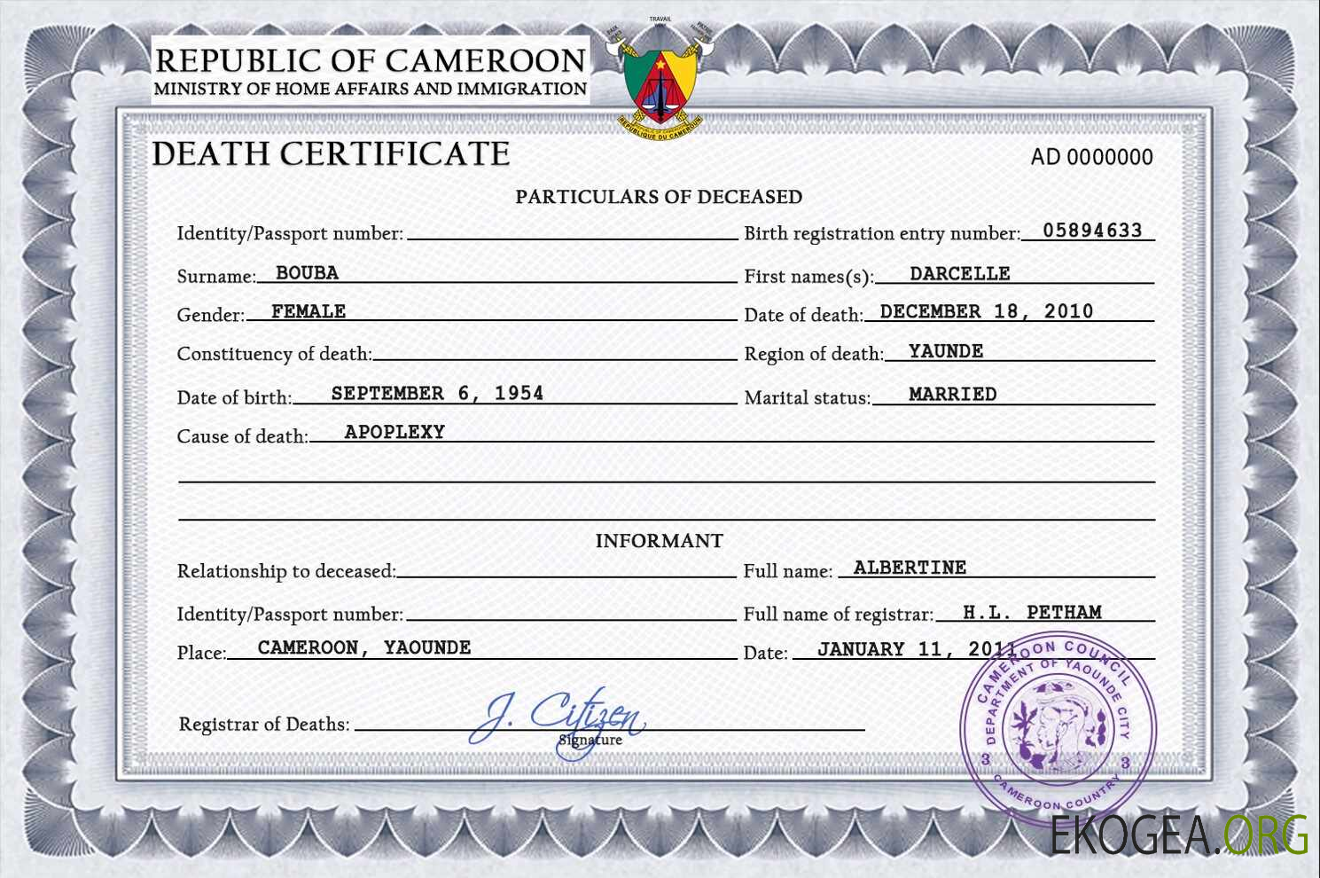 Acte de décès du Cameroun